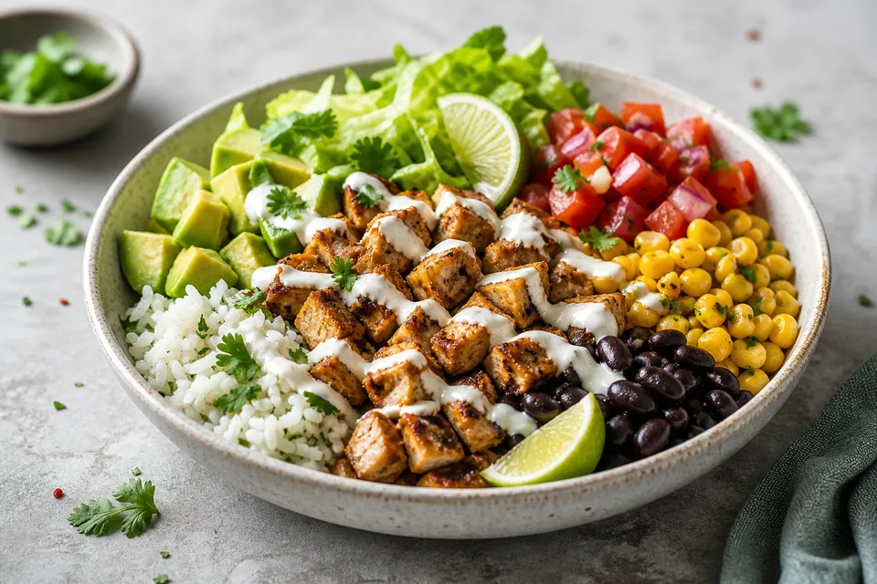 Chipotle chicken burrito bowl with avocado and salsa