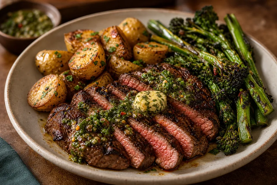 Garlic herb steak plate with potatoes and greens