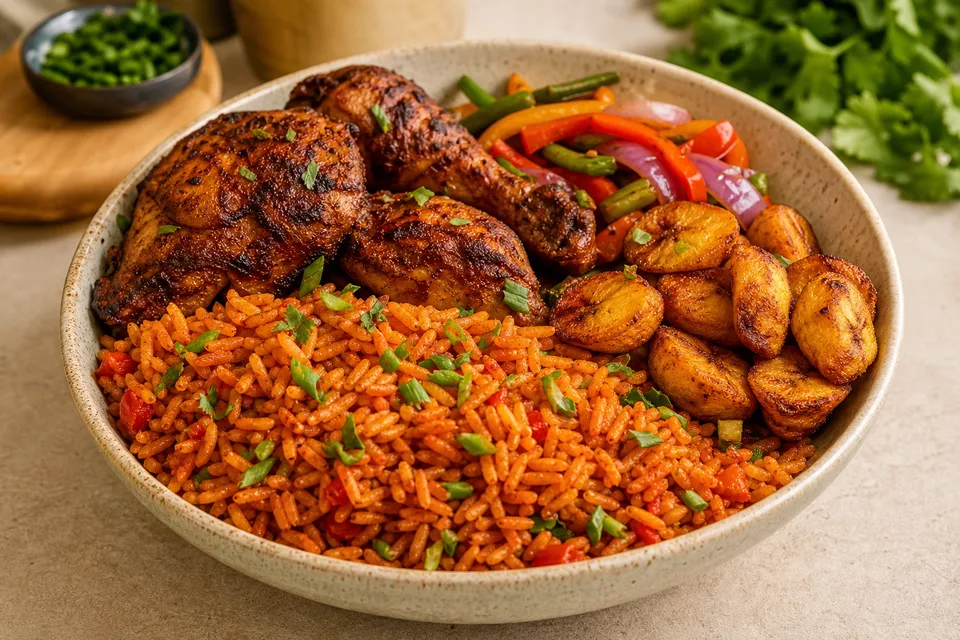 Jollof rice bowl with roasted chicken and vegetables