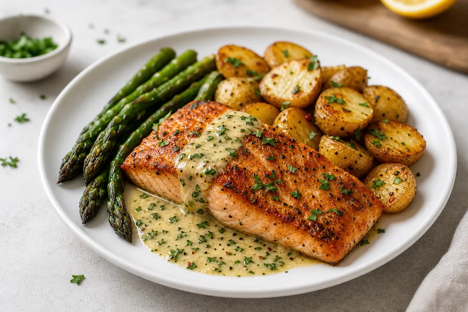 Lemon herb fish plate with potatoes and asparagus
