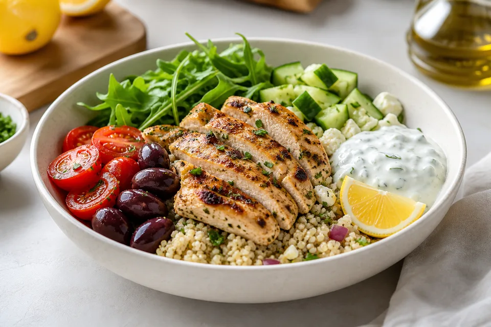 Mediterranean lemon herb chicken grain bowl