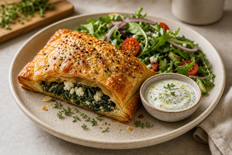 Golden spinach and feta pastry with salad