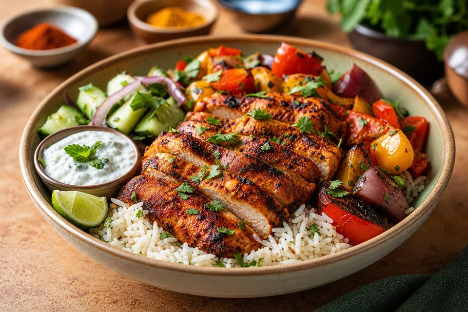 Tandoori chicken rice bowl with vegetables
