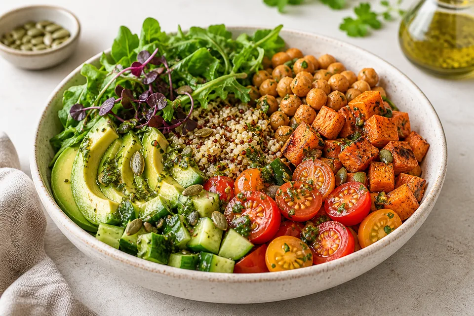 Vegetarian harvest salad bowl with avocado, chickpeas, and vegetables